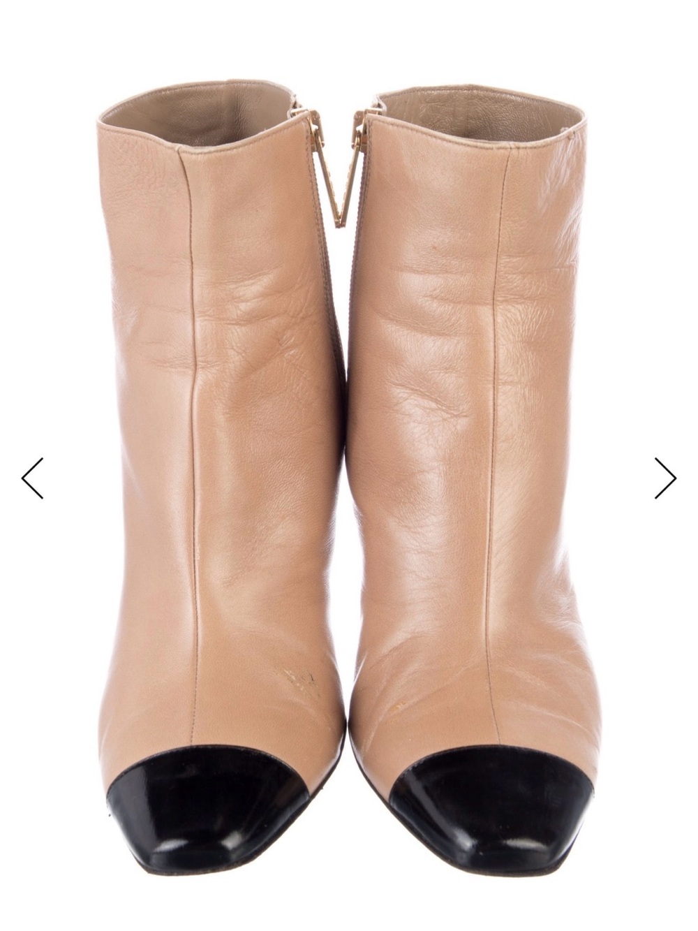 CHANEL Beige Leather Ankle Boots with Black Cap Toe